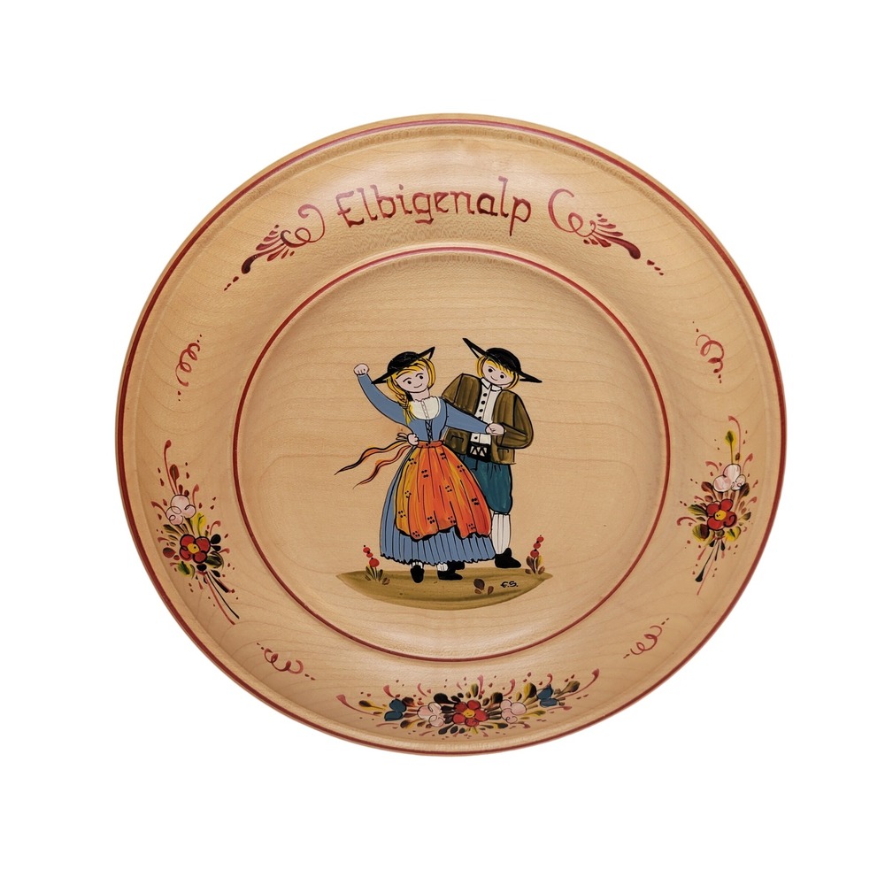 Austrian‎ Wooden Plate Hand Painted Signed Dutch People Couple 8.5" Elbigenalp